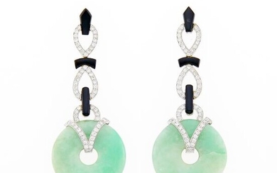 Pair of White Gold, Jade, Black Onyx and Diamond Pendant-Earrings