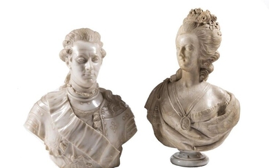 Pair of busts in white marble and other materials