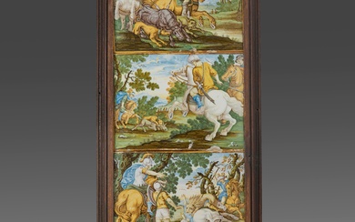 Panneau de quatre plaques rectangulaires en maïolique Castelli, milieu du XVIIIe siècle, trois peintes de...
