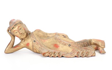 Parcel Gilt Carved Wood and Gesso Reclining Buddha with Glass Accents