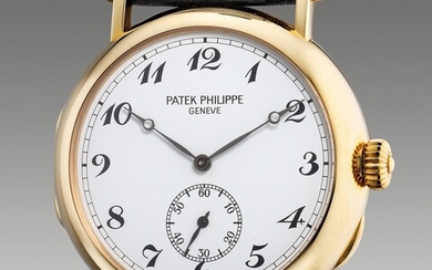 Patek Philippe, Ref. 3960 A fine and rare limited edition yellow gold wristwatch with small seconds, Breguet numerals, officer-style hinged caseback and presentation box, made to commemorate the 150th Anniversary of Patek Philippe