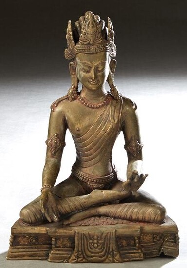 Patinated Bronze Seated Buddha Figure, 20th c., on an