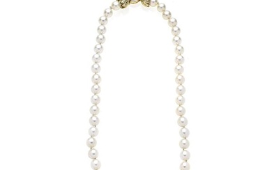 Pearl, yellow gold and diamond necklace