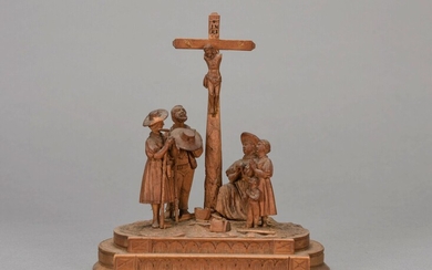 Petit sujet en buis sculpté l'Angélus 19 ème siècle H : 8 cm (manques)