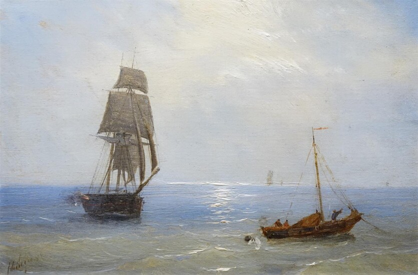 Petrus Paulus Schiedges sr (1813-1876), paneel, 17 x 23,5, Zeegezicht met schepen,...