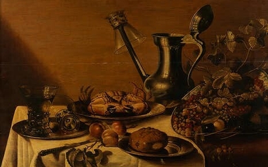 Pieter Claesz, 1596 Berchem, Antwerpen – 1660/61 Haarlem, zug., GROSSES STILLLEBEN MIT ZINNKANNE, WEINGLÄSERN, KREBS UND FRÜCHTEN
