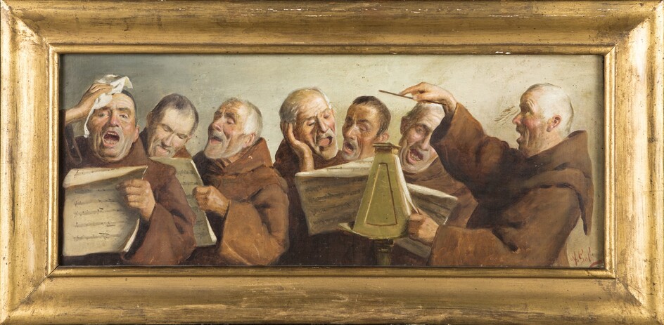 Pittore degli inizi del XX secolo ( - ) Le prove del coro olio su tela cm 20,5x50,5 - con la cornice: cm 29x59