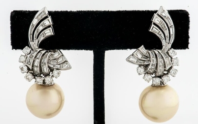 Platinum 14mm South Sea Pearl Diamond Earrings