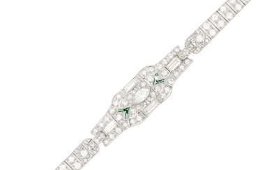 Platinum, Diamond and Simulated Emerald Bracelet