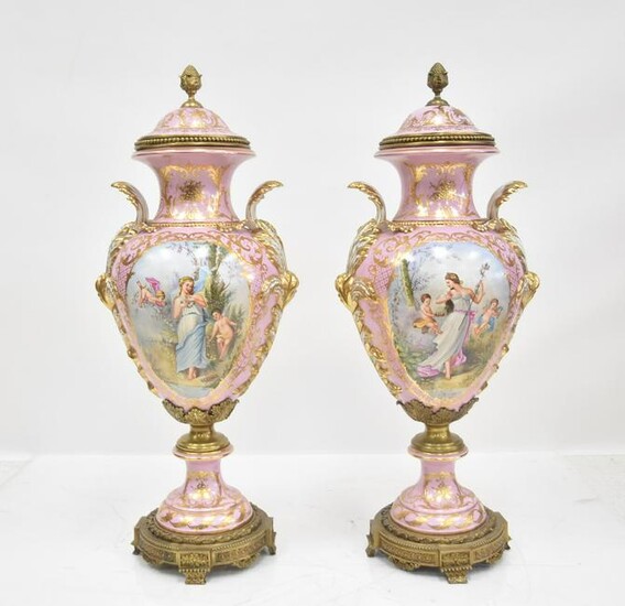 (Pr) PALATIAL SEVRES STYLE PINK COVERED URNS