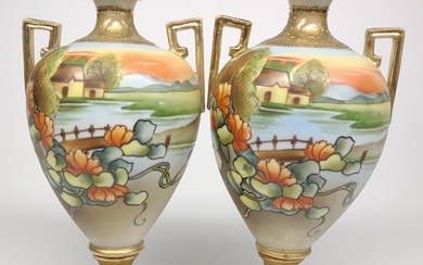 Pr of Nippon River Landscape Bolted Urn Vases