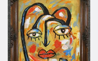 R. MONTI , Mid Century O/c Cat Woman Portrait Abstract