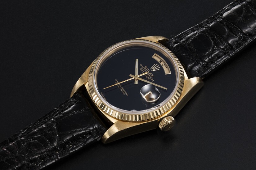 ROLEX, A GOLD OYSTER PERPETUAL DAY-DATE WITH ONYX DIAL AND HEBREW CALENDAR, REF. 18038