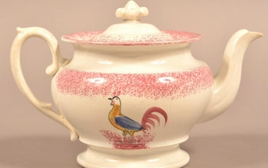 Red Spatter Rooster Pattern China Covered Teapot.