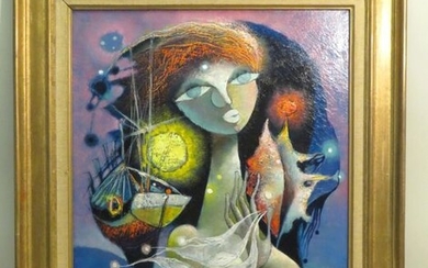 René MARGOTTON (1915-2009). "Pêche bleue, aux perles de lumières". Huile sur toile, signée en bas à gauche et contresignée au dos. Haut : 55 cm Larg: 44,5 cm.