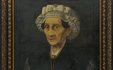 Ritratto di anziana, olio su tela, cm 66x53, firmato in alto a sinistra con dedica a tergo, entro cornice.