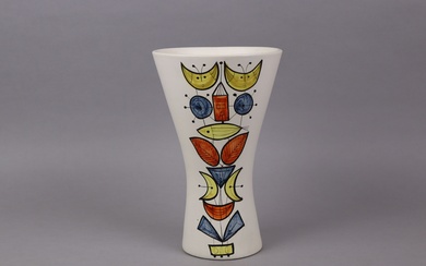 Roger CAPRON (1922-2006). Vase diabolo en céramique émaillée blanc à décor géométrique vert, orange et...