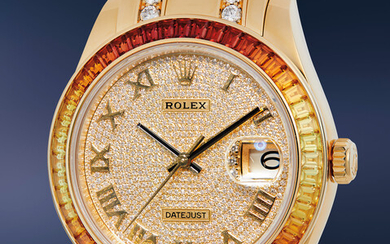 Rolex, Ref. 86348SAJOR A dazzling, exceptional, and well-preserved yellow gold, diamond, and sapphire-set wristwatch with date, bracelet, guarantee, and presentation box