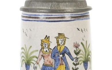 Roller jug with tin mounting Wohl Thüringen, dat. 1788, brown sherd, white glazed and painted with sharp-fire colours, on the conical wall frontally depicted peasant couple in contemporary costume with park-like surroundings, below border with...