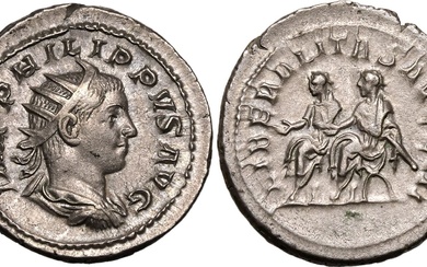 Roman Empire Philip II AD 247-249 AR Antoninianus About Good Very Fine; rev. struck from worn die