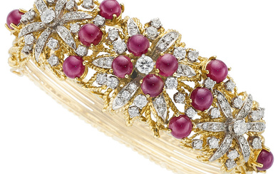 Ruby, Diamond, Gold Bracelet Stones: Ruby cabochons; full and...