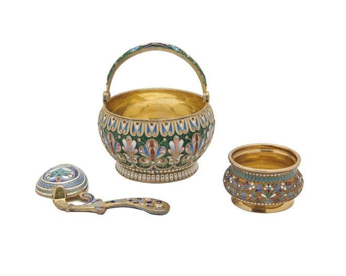 Russian Gilt Silver and Enamel Basket, Salt, and Spoon