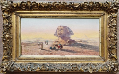 SCOGNAMIGLIO Antonio (XIXe) Cavaliers dans le désert égyptien devant un sphinx Huile sur panneau Haut....