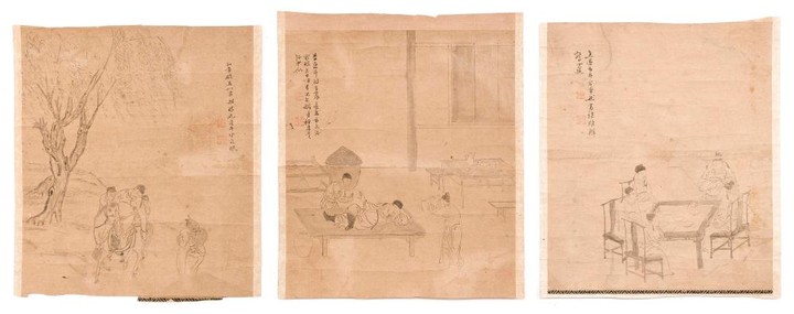 SET OF THREE CHINESE DRAWINGS ON PAPER Depicting the poet Li Tai Po in various scenes. Each marked with calligraphy. Each 10.5" x 9"...