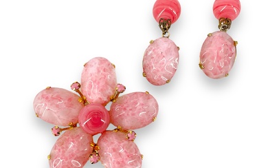 “Schreiner” Pink Floral Brooch and Earrings