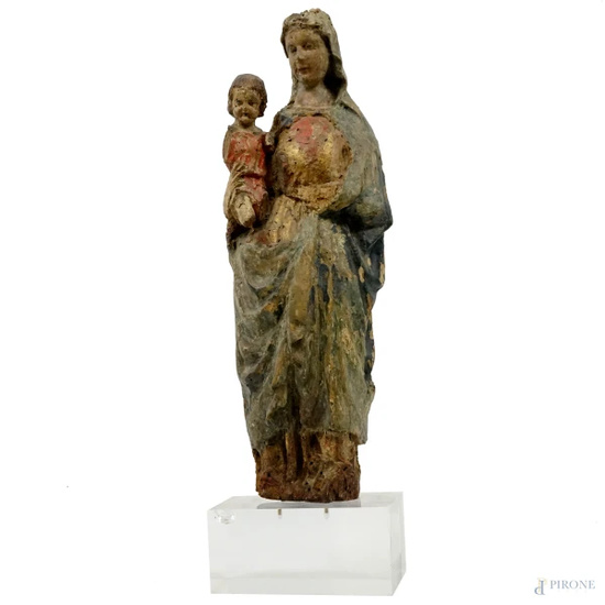 Scuola dell'Italia centrale, XIV secolo, Madonna col Bambino, cm h 53,5, (difetti e mancanze).