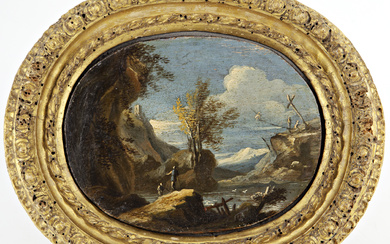 Scuola lombarda del secolo XVIII "Paesaggio con figure" olio su tavola ovale (cm 13x17) in cornice antica