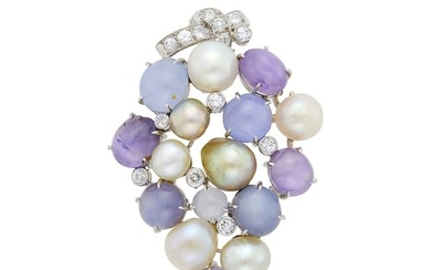 Seaman Schepps White Gold, Multicolored Star Sapphire, Cultured Pearl and Diamond Pendant-Brooch