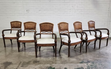Set of six solid natural cane armchairs, with cream fabric...