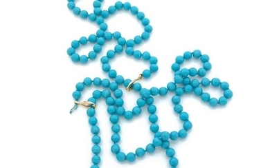 Set of two long necklaces in opalescent glass balls imitating turquoise An element in the shape of a