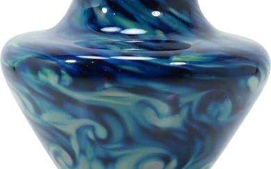 Signed Studio Art Glass Blue Swirl Vase 7.5 inches height x 8 inches wide