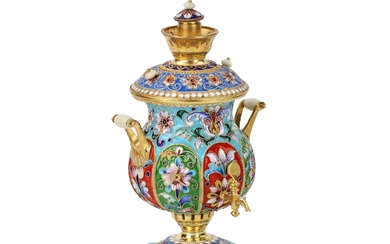 Silver, gilded samovar with painted enamels.