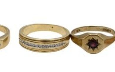 Six 10K Yellow Gold Rings with Diamonds or Red or Blue Stones