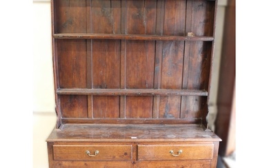 Small 19th Century oak plank top dresser with shelved back, ...