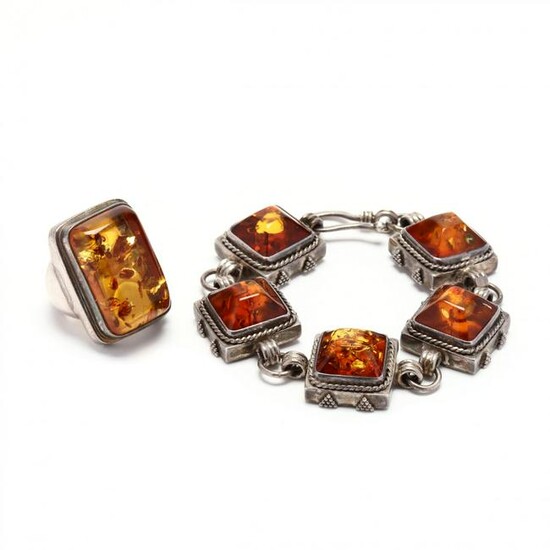 Sterling Silver and Amber Bracelet and Ring, Lori Bonn
