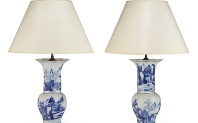TWO CHINESE EXPORT BLUE AND WHITE PHOENIX TAIL VASES, MOUNTED AS LAMPS
