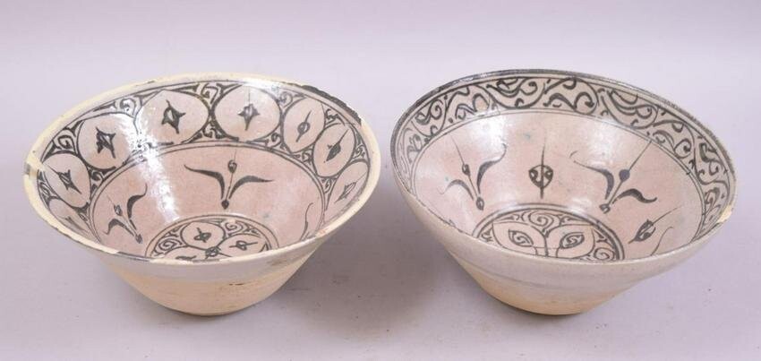 TWO ISLAMIC PARTLY GLAZED POTTERY BOWLS, each similarly