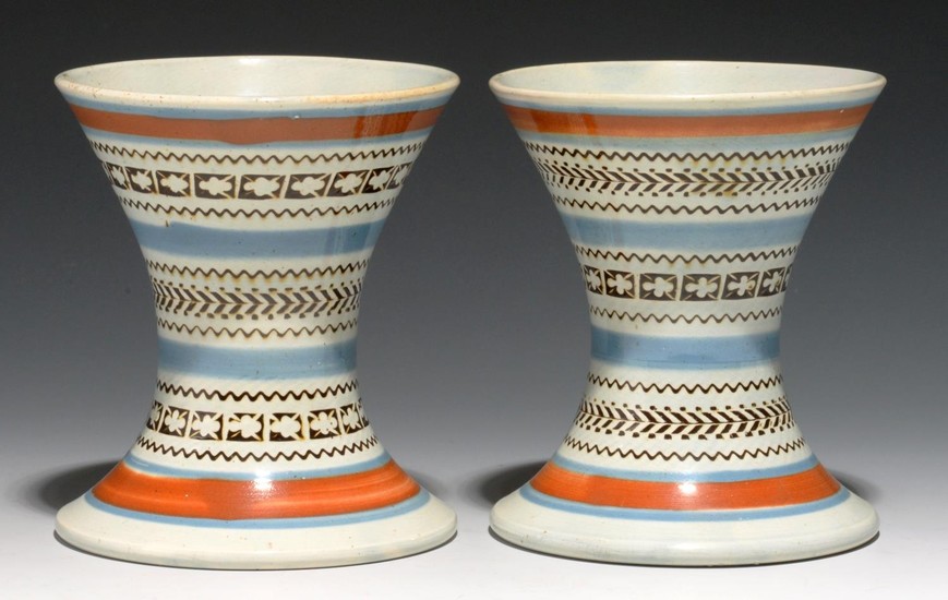 TWO SPOOL SHAPED SLIP-DIPPED PEARLWARE SPILL VASES, PROBABLY...