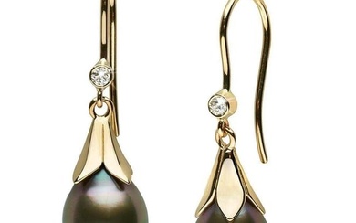 Tahitian Drop-Shape Pearl and Diamond Lily Dangle Earrings