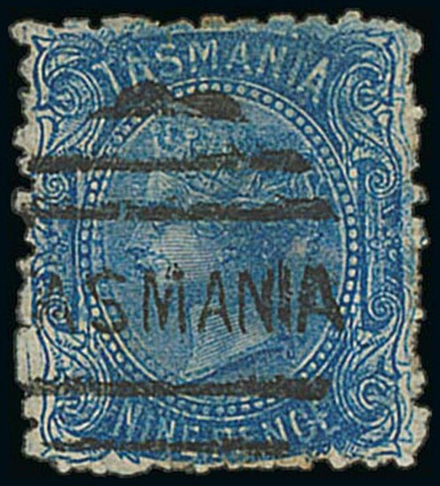 Tasmania 1871-78 watermark "tas" 9d. blue, perf 11½, error printed double, fine used with the...