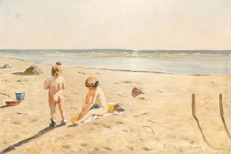 Th. Friis: “Sommer Sol”. Summer sun. Girls on the beach on a summer day. Signed Th. Friis 55 Skagen. Oil on canvas. 43×63 cm.
