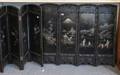Two Japanese 20th century four panelled screens inlaid with...
