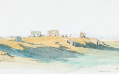 SOLD. Thorald Læssøe: View from the Roman Campagna. Signed with monogram and dated Roma vechia 10d Debr 1848. Watercolour and drawing ink on paper. 16 x 33 cm. – Bruun Rasmussen Auctioneers of Fine Art