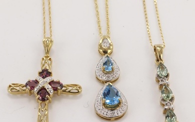 Three 9ct yellow gold pendants, stones include diamond, Swis...