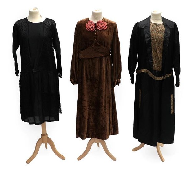 Three Circa 1930's Evening Dresses, comprising chocolate brown velvet dress,...