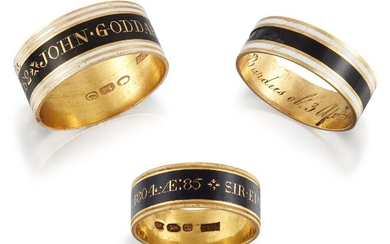 Three George III gold and enamel mourning rings, comprising: a...